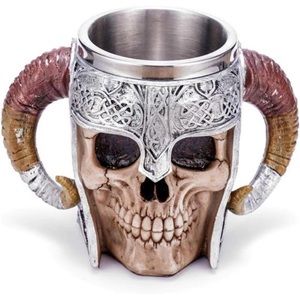 Stainless Steel Double Handle Horn Skull BeerCup,Viking Warrior SkullMug Tankard